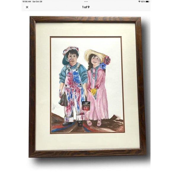 OOAK Pastel Chalk Wall Art Drawing Vtg 80s Boy Girl Signed Framed Matted 22x27 - Picture 1 of 11